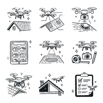 Hand-Drawn Drone Roof Inspection Icon Set - Aerial Home Maintenance and Property Survey Illustrations in Sketch Style