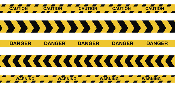 Warning Tape Set: A collection of hazard warning tapes featuring 'CAUTION', 'DANGER', and 'WARNING' messages. safety equipment, industrial barrier, construction zone, security line.