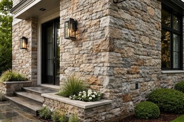 Naklejka premium Textured natural granite stone veneer accents on exterior wall