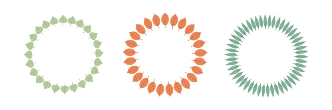 Set of three round border frames composed of various fall leaves in green and orange. Beautiful vector templates for warm thanksgiving cards and comfortable seasonal design.