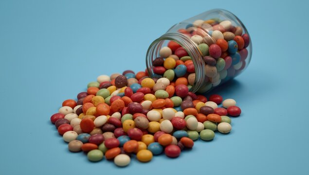 Candy pieces in various colors and shapes spilling over a clear jar against a blue background