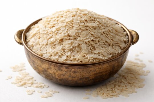 Macro photography of poha in a vessel isolated on clean white backdrop