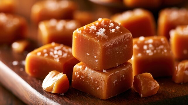 Stack of salted caramel cubes on a wooden surface