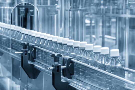 Automated mass production line of drinking water with a row of clear plastic PET bottles on a conveyor belt.