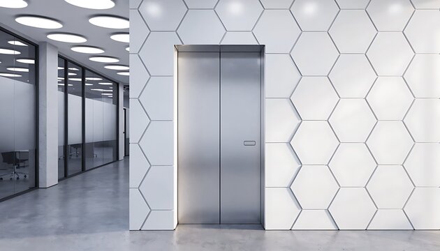 A modern office hallway with a sleek silver elevator door set against a white hexagonal tiled wall, with a glass-walled meeting room visible in the