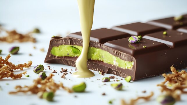 Luxurious dark chocolate bar with creamy pistachio filling being poured sprinkled with whole pistachios and crisp crumbs on a clean white background studio lighting macro shot