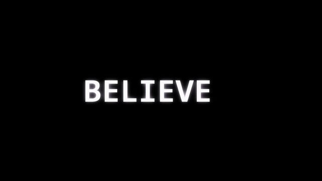 Neon believe text animation with glitch effect in glowing circular frames on a dark background for modern graphic design and digital motion typography projects