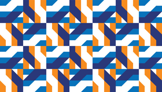 Modern geometric seamless pattern with interlocking blue and orange shapes. Abstract vector background for corporate branding, packaging, or modern tile design.