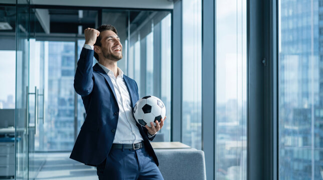 Corporate executive celebrating championship excitement in office environment with football in hand, Football World Cup 2026 workplace concept highlighting confidence and teamwork success