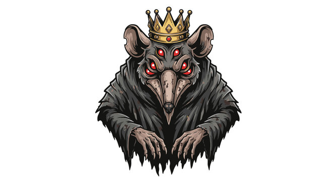 Aggressive plague rat king mascot character design featuring a golden crown and decaying royal garments, vector illustration suitable for esports logos and team branding.