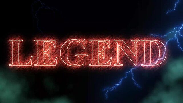 Legend text animation with glowing red particle effects and electric blue lightning bolts against a dark atmospheric background for cinematic motion titles