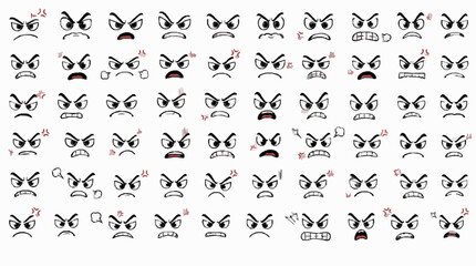 Naklejka premium Angry Annoyed Expression Icons Pack with Isolated Funny Eyes, Mouths, Brows, Smiles, Reaction Faces and Playful Cartoon Emotion Design Elements