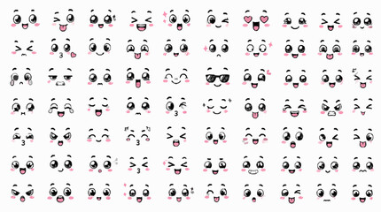 Cute Kawaii Expression Icons Pack with Isolated Funny Eyes, Mouths, Brows, Smiles, Reaction Faces and Playful Cartoon Emotion Design Elements