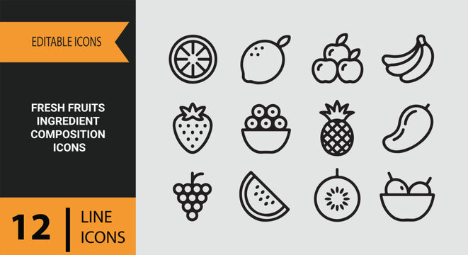 Fresh Fruits Ingredient Arrangement Outline Icons Collection for Healthy Food Lifestyle Design Themes