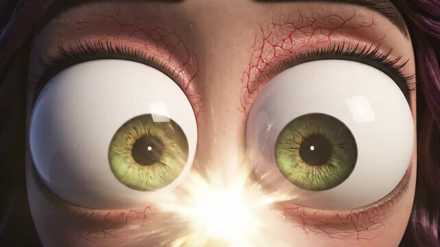 Wide-eyed animated character experiences intense surprise or shock as bright light bursts forth between her striking green irises and dilated pupils, captivating the viewer with expressive