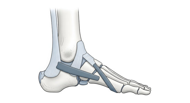 Detailed medical illustration depicting the complex network of ligaments and connective tissues stabilizing the human foot and ankle, essential for movement and support