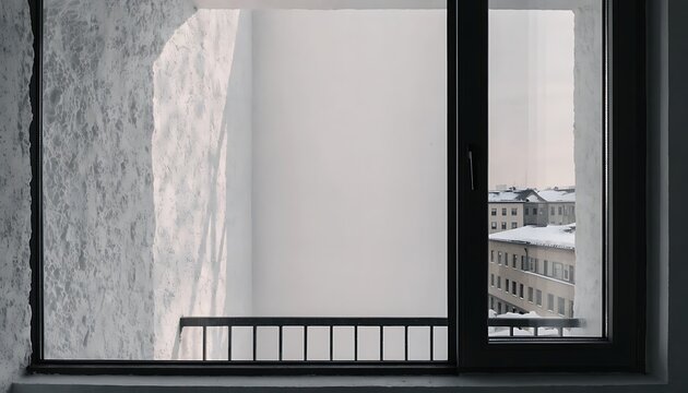 View from a window looking out onto a snow-covered city with apartment buildings and a grey sky, showing a textured white wall and a black metal