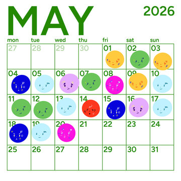 May 2026 monthly calendar planner template with mood tracker.