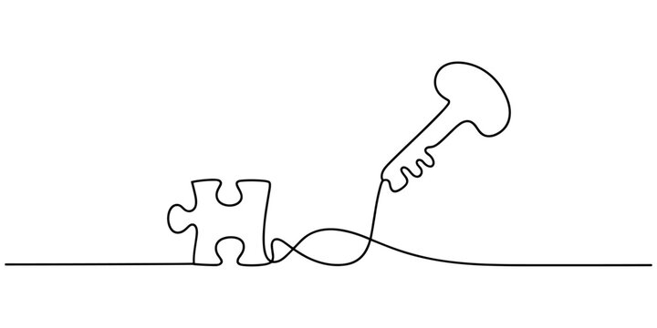 Black line of puzzle piece and key line puzzle piece continuous one line drawing.