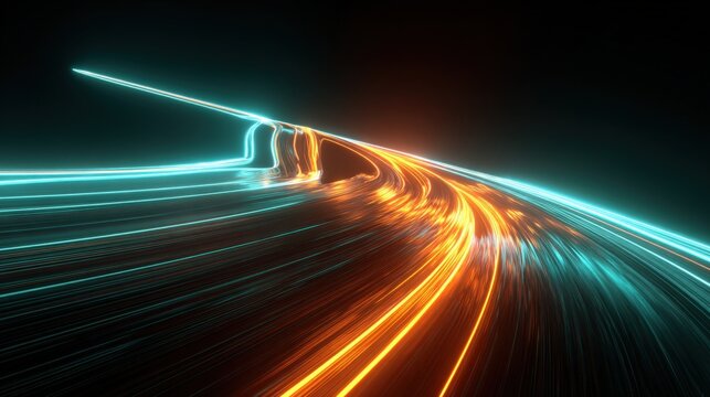 Abstract Glowing Neon Light Trails Speeding Through Darkness