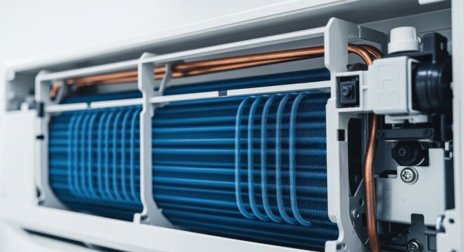 Close-up of the internal components of a modern residential air conditioning unit, showing cooling fins and copper tubing for optimal climate control.