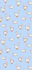 Fototapeta premium Vertical mobile wallpaper with cute doodle geese on blue background.