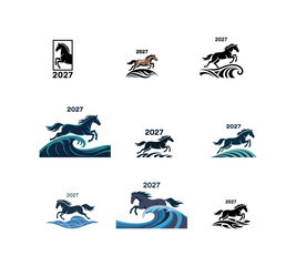 Obraz premium Set of horse featuring galloping stallions and jumping horses over stylized blue ocean waves with the year 2027 text isolated on a white background for projects