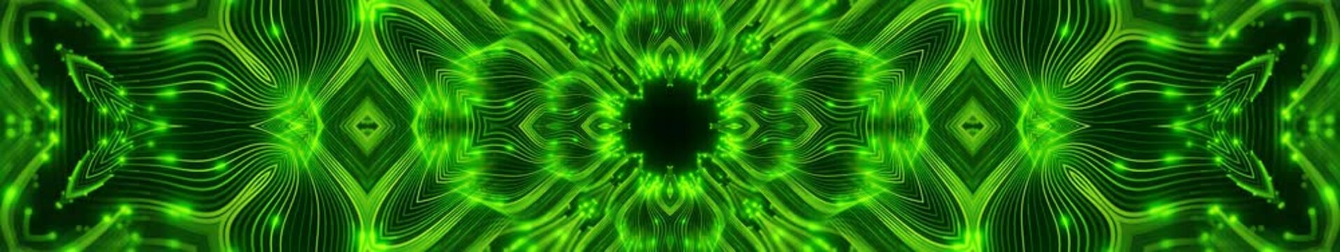 Neon Green Glowing Flower Lines with Sparkling Particles on Abstract Widescreen Loop Background
