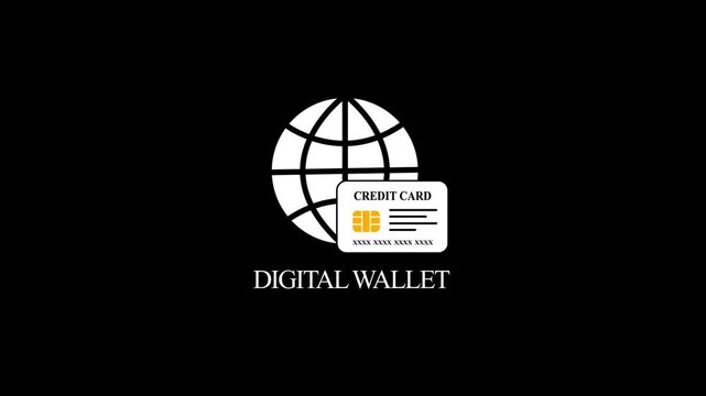 Digital wallet icon animation with globe and credit card on black background, with 4k video animation.