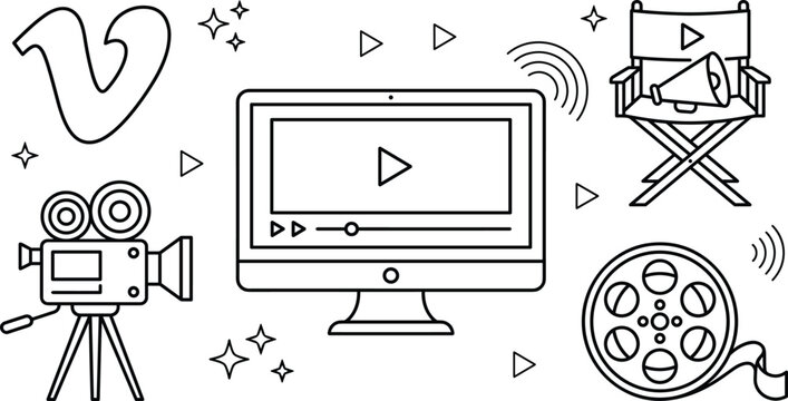 Vimeo Video Production and Cinema Filmmaking Multimedia Content Creator Line Icon Set for Streaming Media Websites