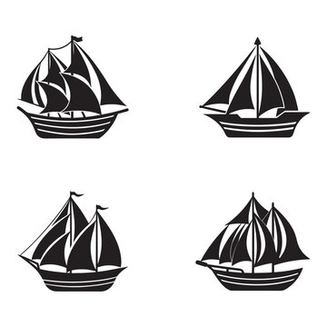 Set of black sailboats with different sail configurations on white background for design and decoration