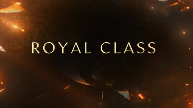 Royal class gold typography cinematic motion graphic with glowing particles floating in dark atmosphere for luxury branding and high end event presentation intro