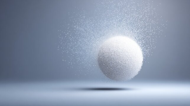 Close up of a fluffy white snowball exploding into tiny ice crystals against a gradient background