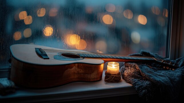 Acoustic guitar resting on a windowsill with a glowing candle and blurred city lights in the background on a rainy night