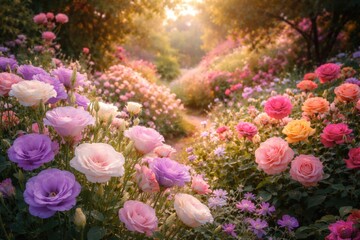 Obraz premium Magical summer garden alive with Eustoma flowers and colorful roses in bloom