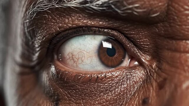 A captivating, macro perspective reveals the intricate textures and warm hazel tones of an aged human eye, showcasing deep wrinkles around the iris reflecting a profound history and the passage