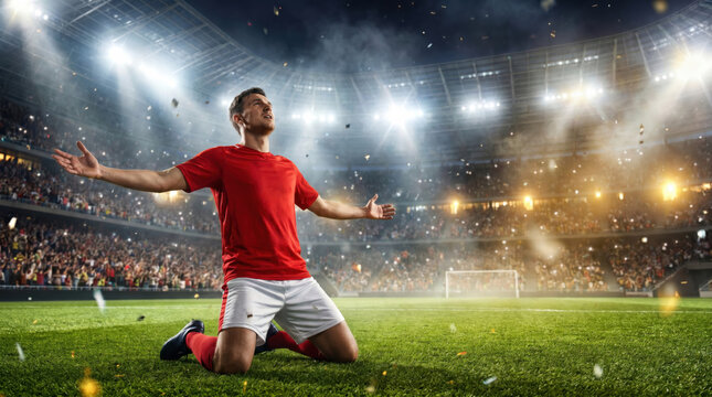 Professional football athlete kneeling in celebration under bright stadium lights, Football World Cup 2026 sports scene symbolizing triumph, achievement and global championship energy