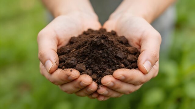 Hands holding soil against green background
