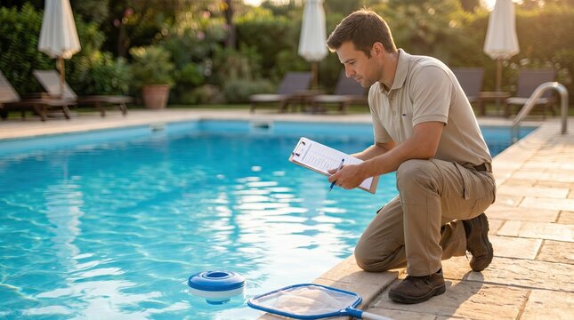 Pool pro checks list near blue water ensures safety concept. A man services a swimming pool, checking water quality with tools and a clipboard.