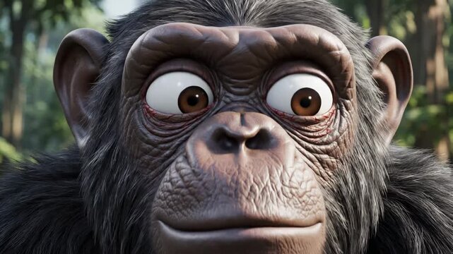 A charmingly rendered animated chimpanzee gazes with wide, expressive eyes through lush green jungle foliage, evoking wonder and playful curiosity in this delightful digital art portrayal
