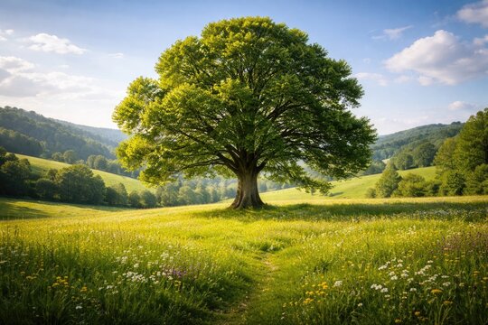 Solitary linden tree in a flourishing meadow with rolling hills and vivid greenery