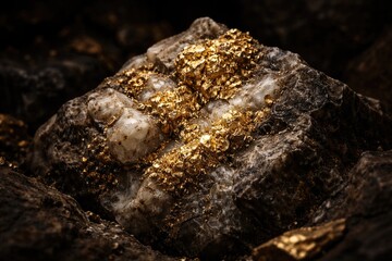 Fototapeta premium Deep shadowed surface showing authentic gold ore extracted from mine