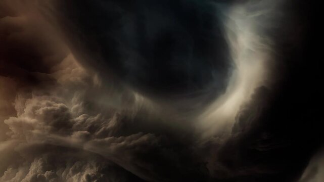 A chaotic dark cloud vortex twists across a dramatic sky. 3D animated cloudscape perfect for thrillers, documentaries, and cinematic openers.