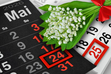 Deutscher Kalender Datum 24. und 25. Mai  2026 Pfingsten und Maiglöckchen