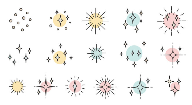 Collection of cute hand-drawn vector sparkles, twinkling stars, and decorative glimmers. Minimalist doodle elements for graphic design, web icons, and festive illustrations.