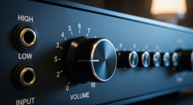 Close-up of a black audio amplifier with volume knob and input jacks for sound equipment