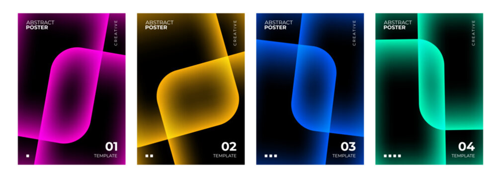 Abstract Posters Collection. Vibrant neon colored gradient geometric shapes on black background. Creative graphic designs. Vector illustration.