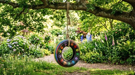 Fototapeta premium Rainbow painted tire swing hanging from tree in sunny park.