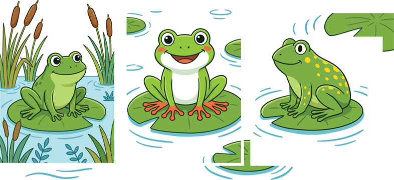 Cute Frogs Sitting On Lily Pads Cartoon Vector Illustration Set Featuring Pond Wildlife Nature And Amphibian Animal Design
