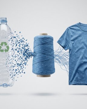 Transformation concept of a plastic PET bottle into a recycled T-shirt.